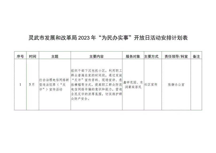 灵武市发展和改革局2023年“为民办实事”开放日活动安排计划表.docx_第1页