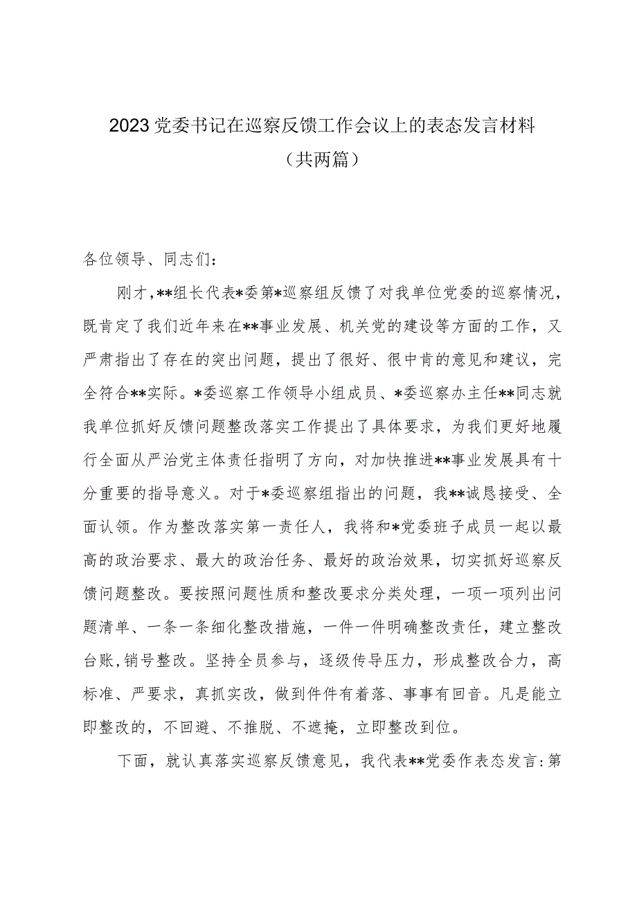 2023党委书记在巡察反馈工作会议上的表态发言材料（共两篇）.docx_第1页