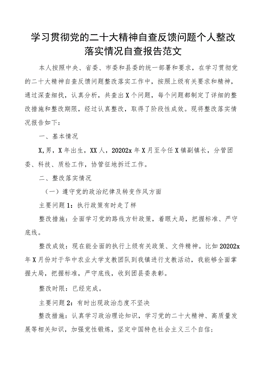 二十大精神自查反馈问题个人整改落实情况自查报告范文乡镇副镇长分管领导班子成员盛会报告工作汇报总结.docx_第1页