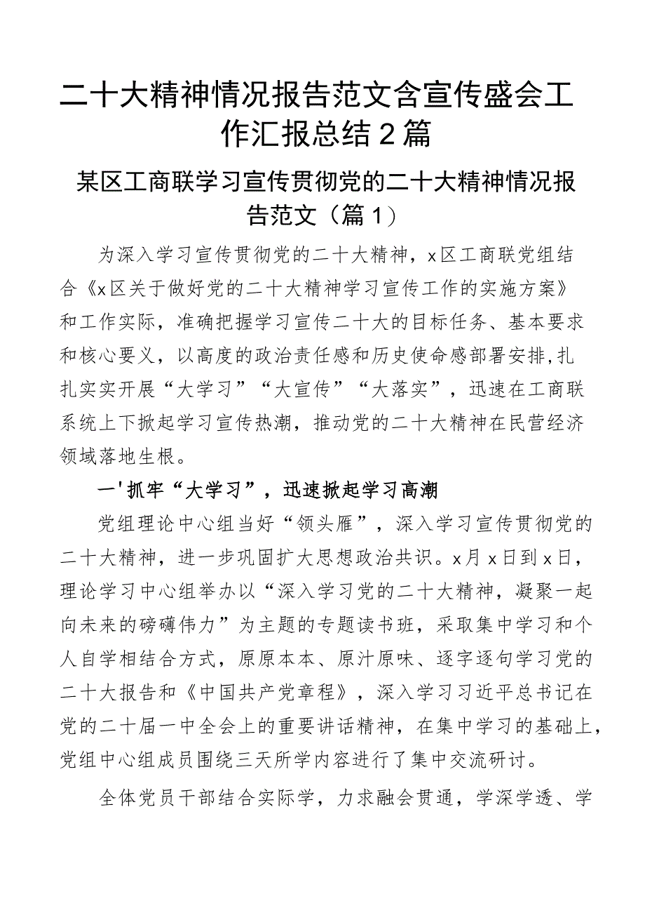 二十大精神情况报告范文含宣传盛会工作汇报总结2篇.docx_第1页