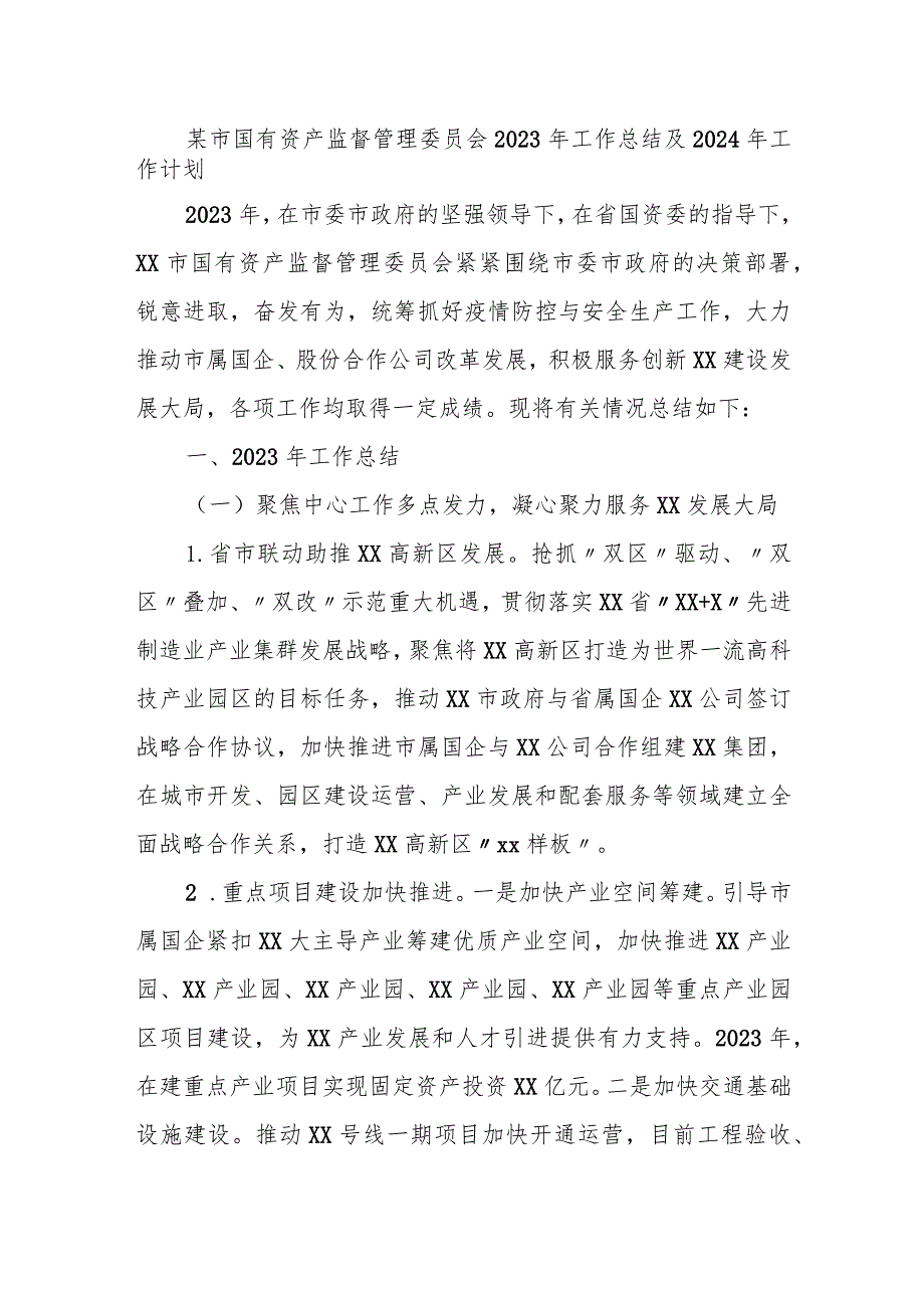 某市国有资产监督管理委员会2023年工作总结及2024年工作计划.docx_第1页