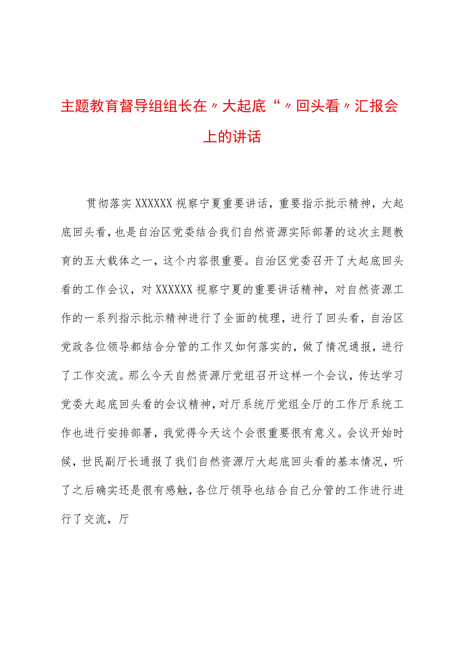 主题教育督导组组长在“大起底”“回头看”汇报会上的讲话.docx_第1页