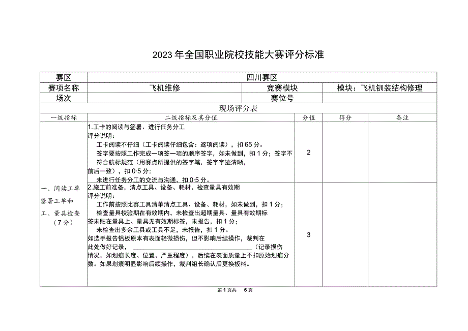 GZ072 飞机维修赛项A模块评分标准A3（现场评分表）-2023年全国职业院校技能大赛赛项正式赛卷.docx_第1页