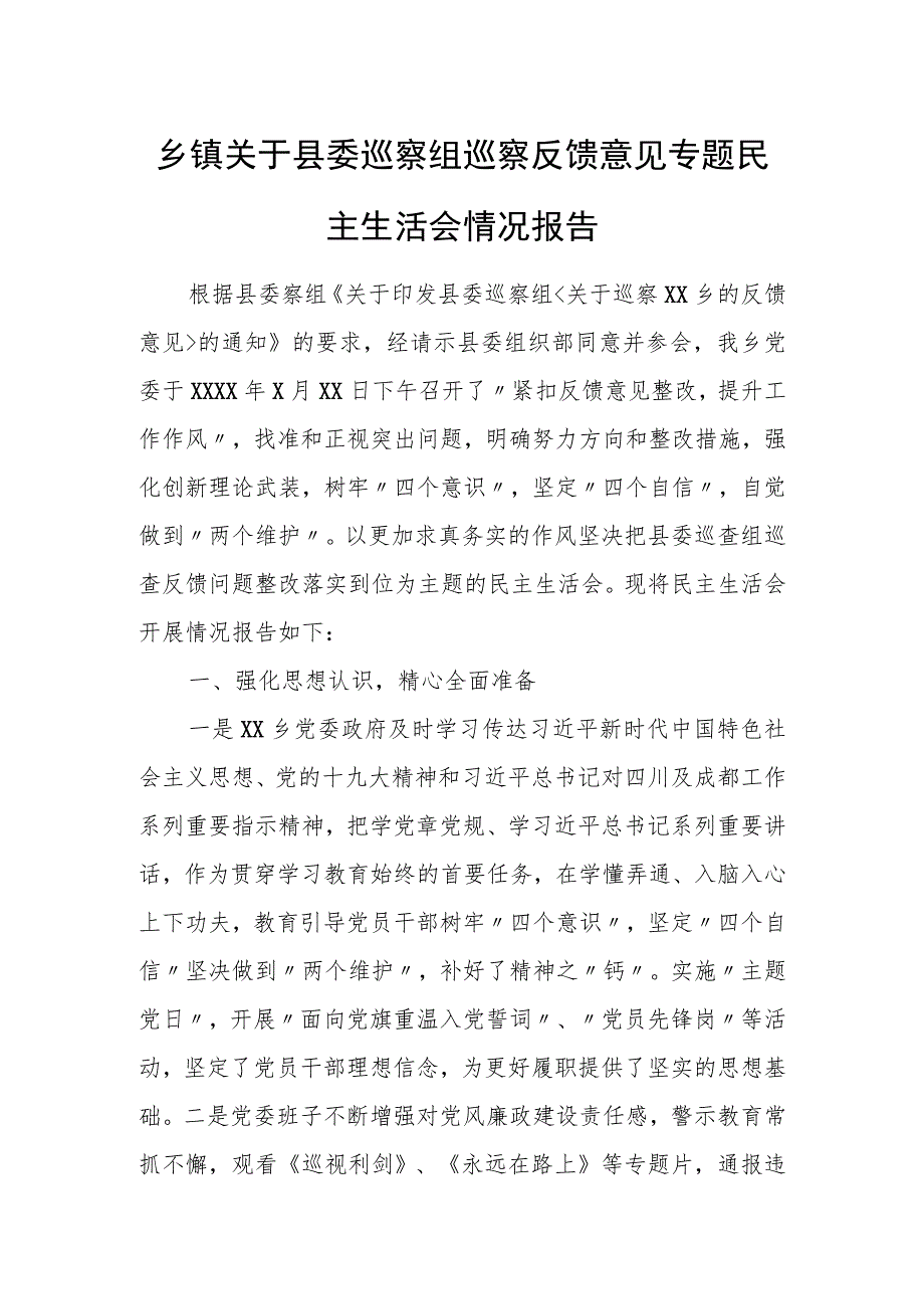 乡镇关于县委巡察组巡察反馈意见专题民主生活会情况报告1.docx_第1页