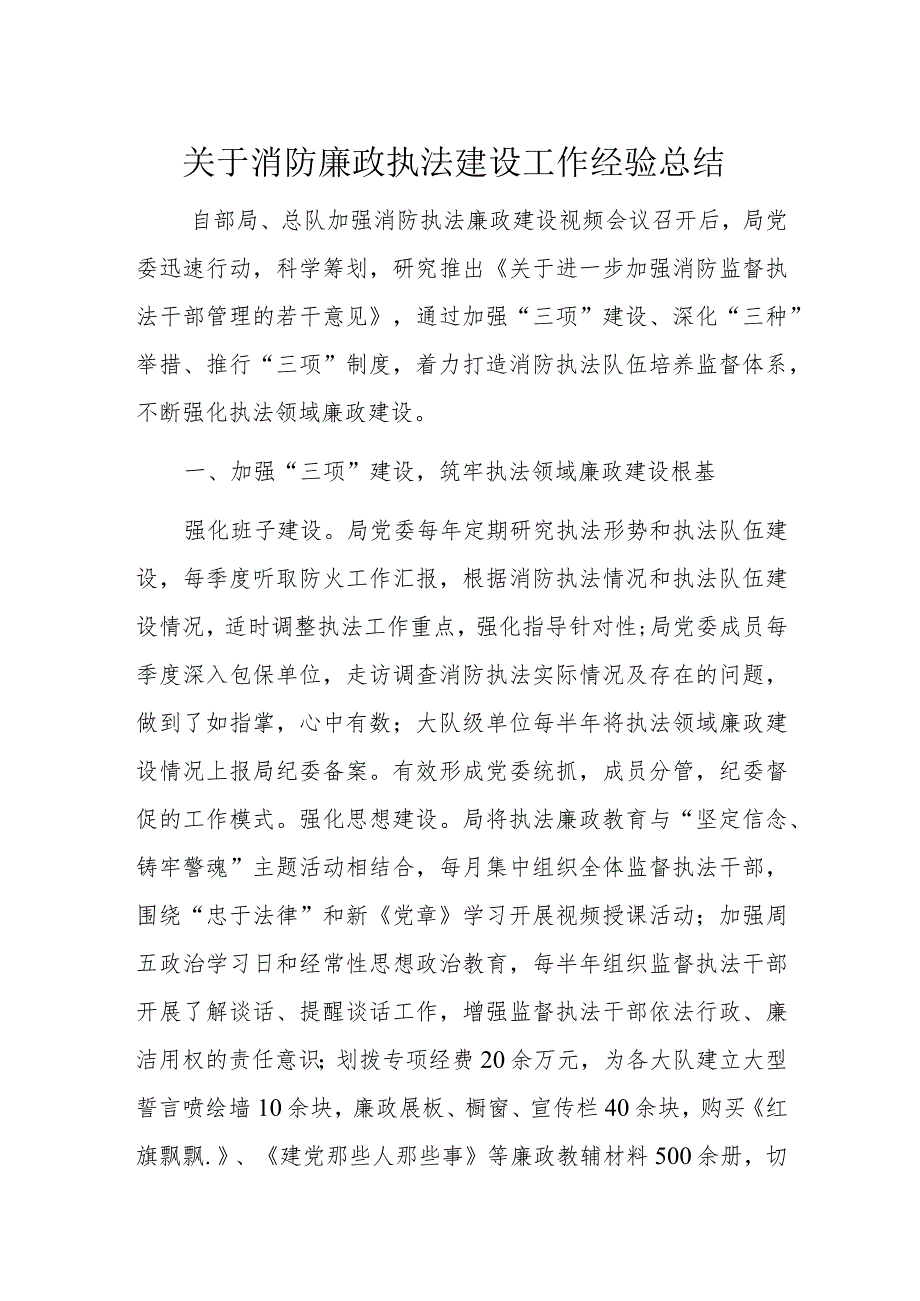 关于消防廉政执法建设工作经验总结.docx_第1页