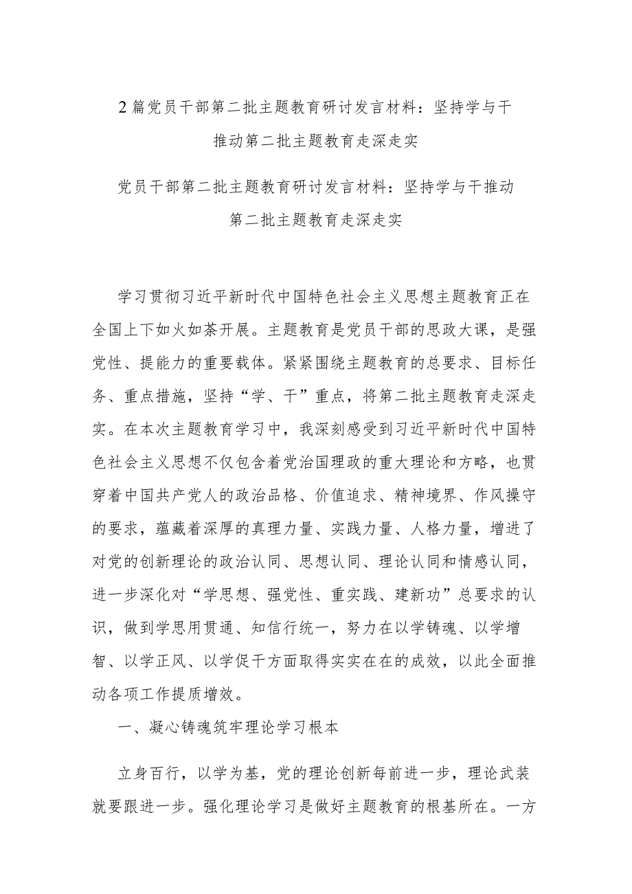 2篇党员干部第二批主题教育研讨发言材料：坚持学与干 推动第二批主题教育走深走实.docx_第1页