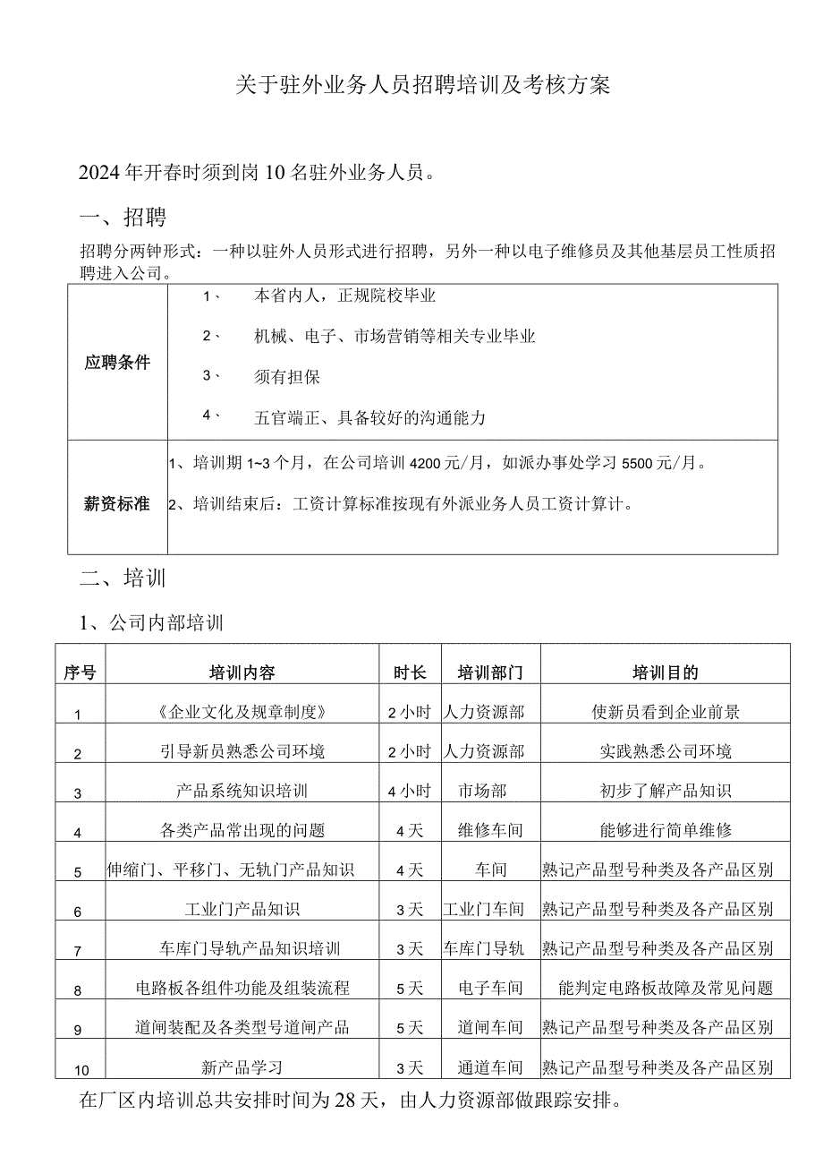 关于驻外业务人员招聘培训及考核方案.docx_第1页