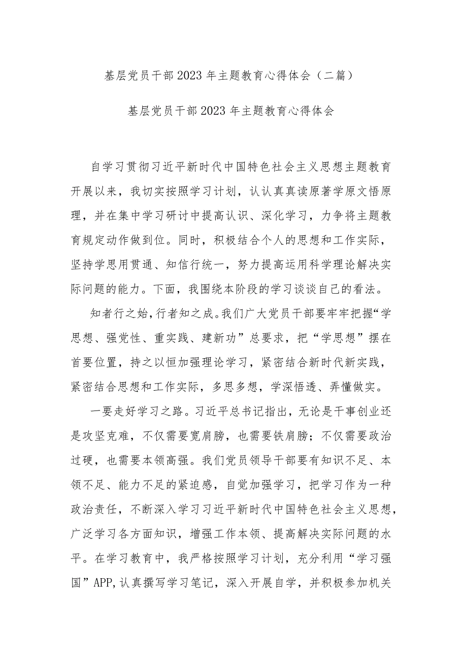 基层党员干部2023年主题教育心得体会(二篇).docx_第1页