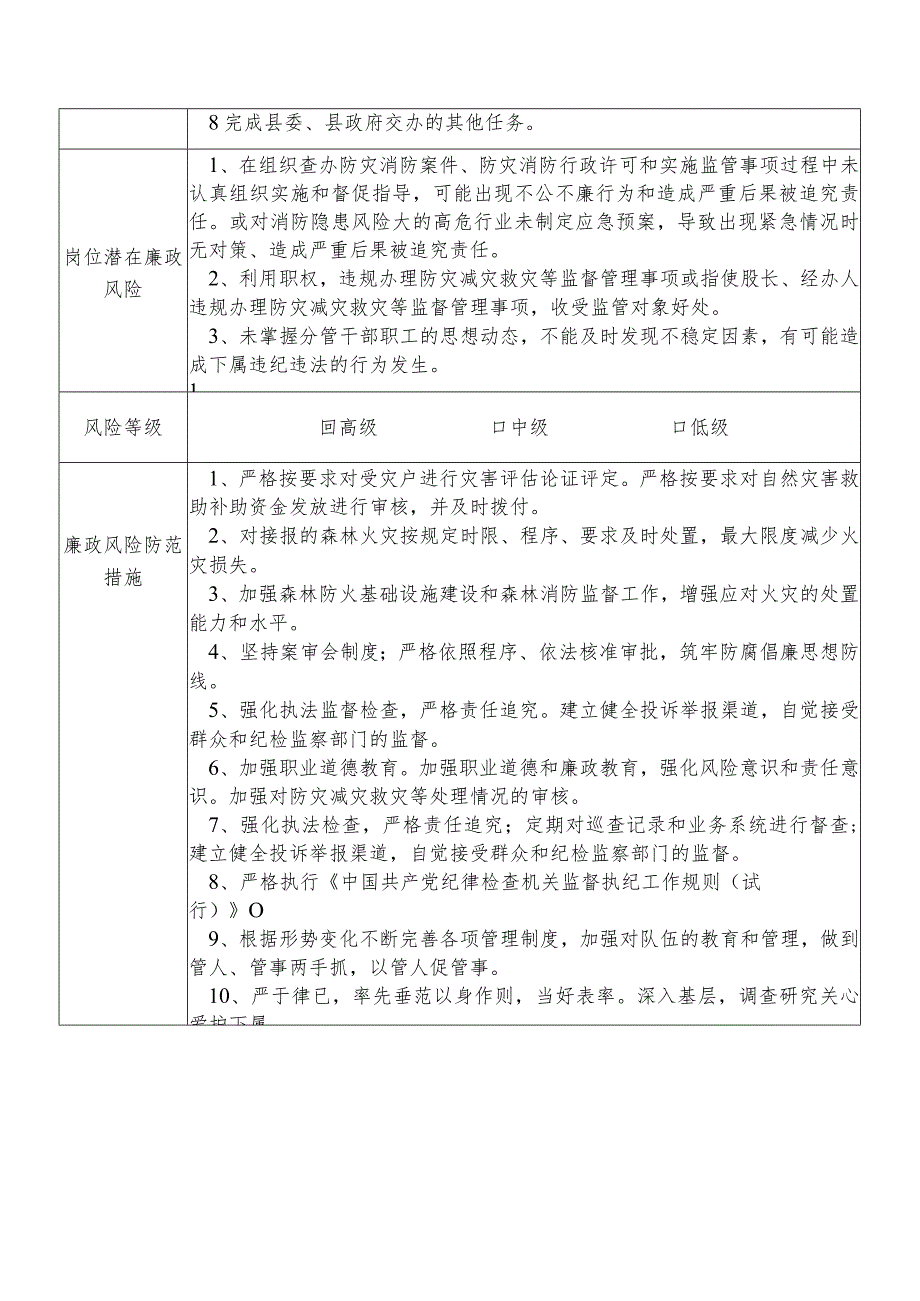 某县应急管理部门分管防灾减灾救灾火灾防治应急救援消防监督等总工程师个人岗位廉政风险点排查登记表.docx_第2页