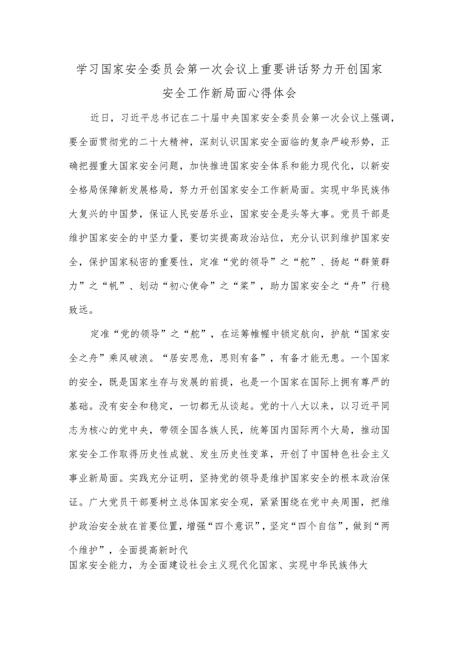 学习国家安全委员会第一次会议上重要讲话努力开创国家安全工作新局面心得体会.docx_第1页