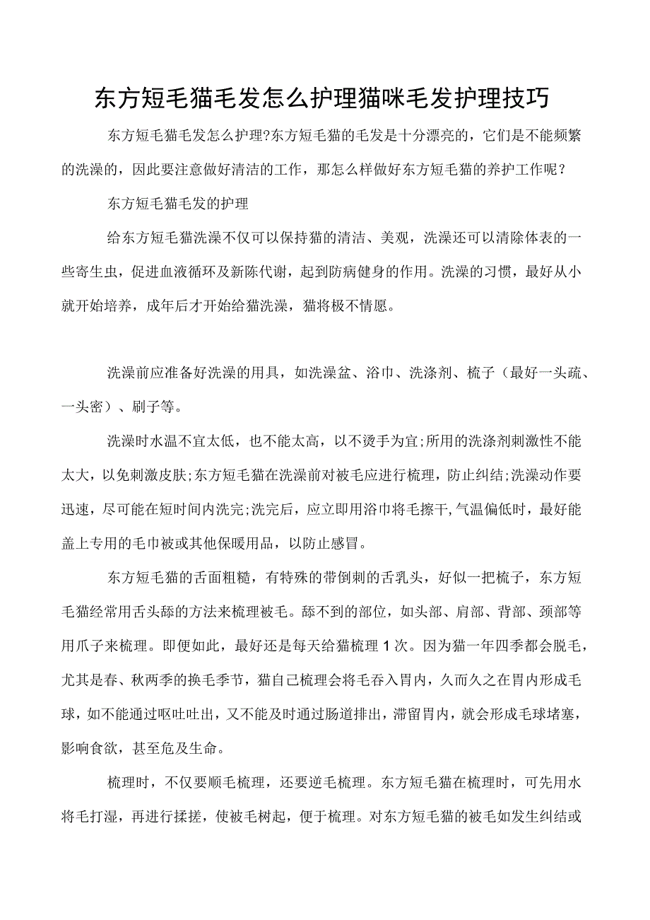 东方短毛猫毛发怎么护理 猫咪毛发护理技巧.docx_第1页