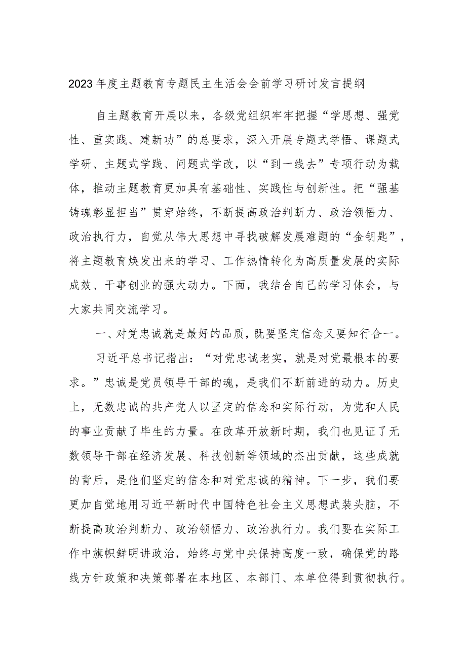 2023年度主题教育专题民主生活会会前学习研讨发言提纲 (6).docx_第1页