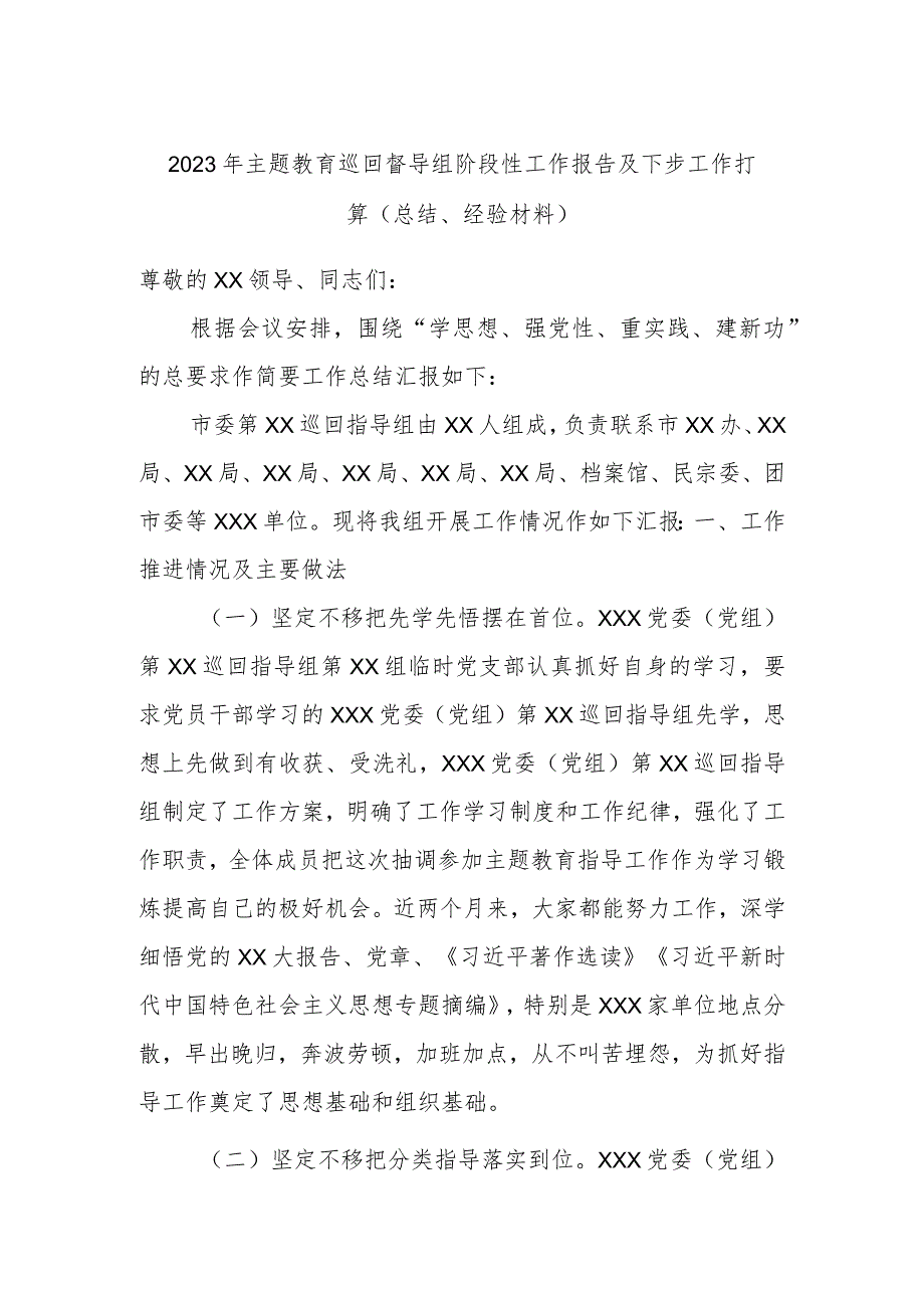 2023年主题教育巡回督导组阶段性工作报告及下步工作打算（总结、经验材料）.docx_第1页