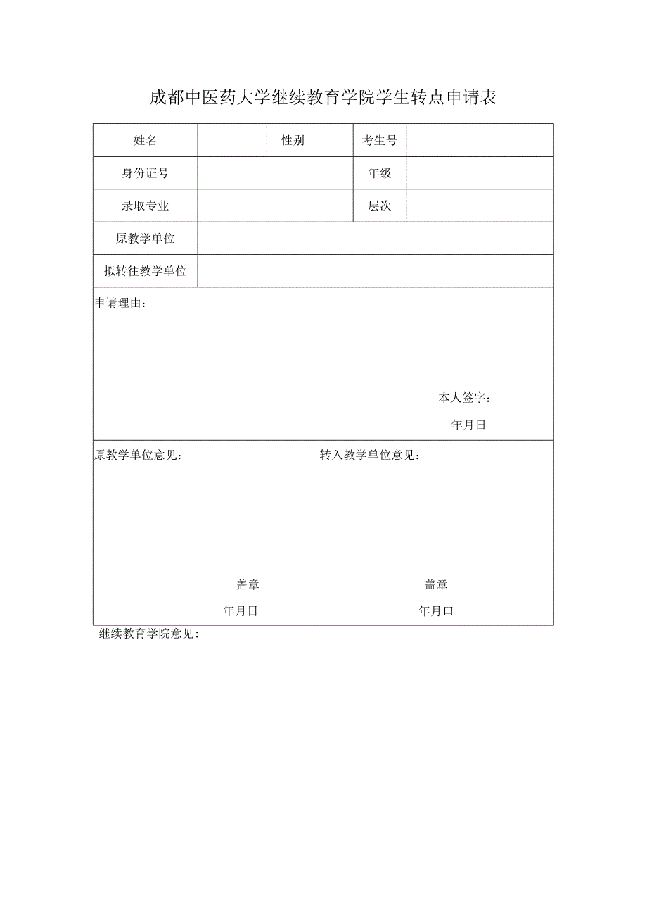 成都中医药大学继续教育学院学生转点申请表.docx_第1页