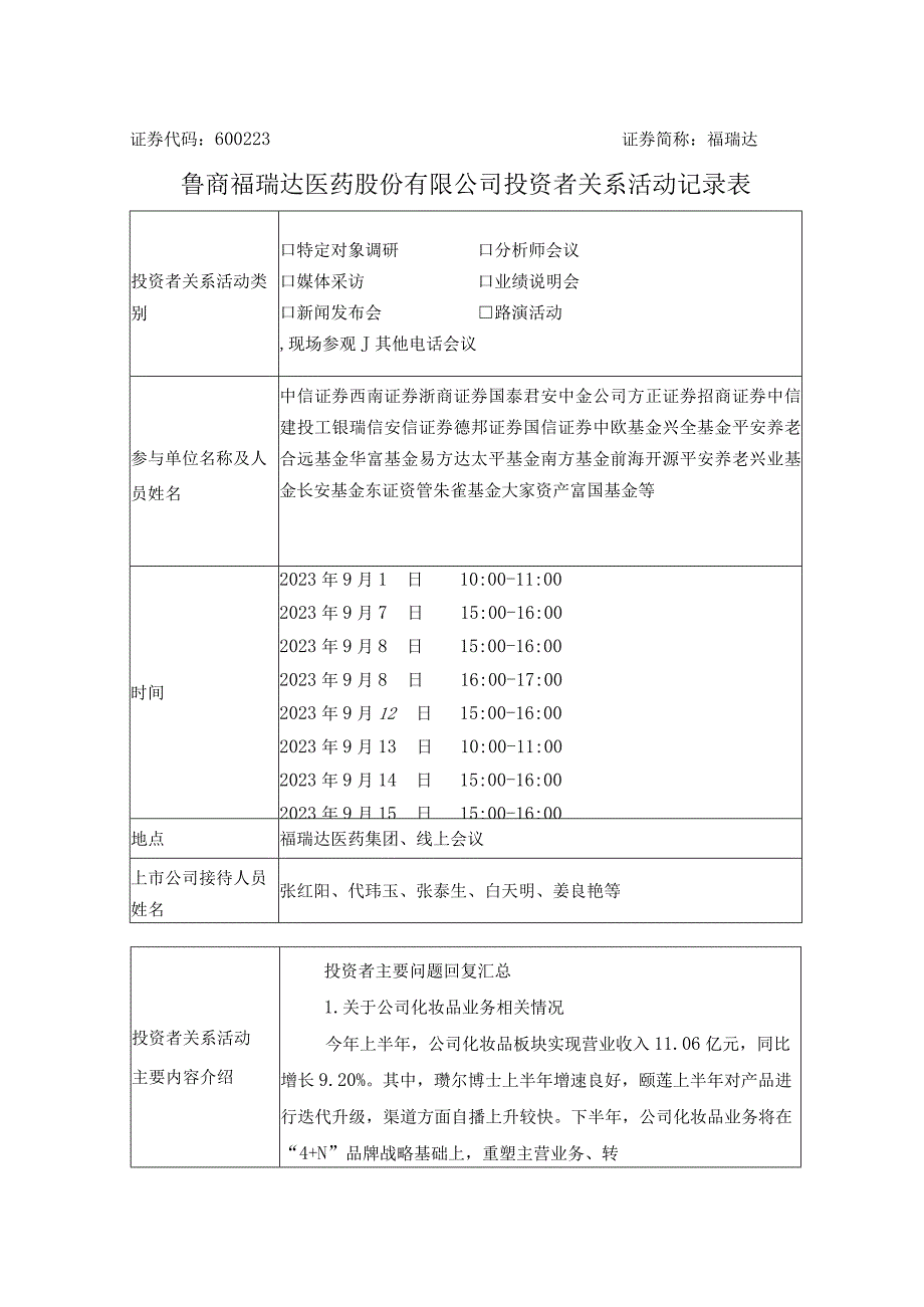 福瑞达鲁商福瑞达医药股份有限公司投资者关系活动记录表.docx_第1页