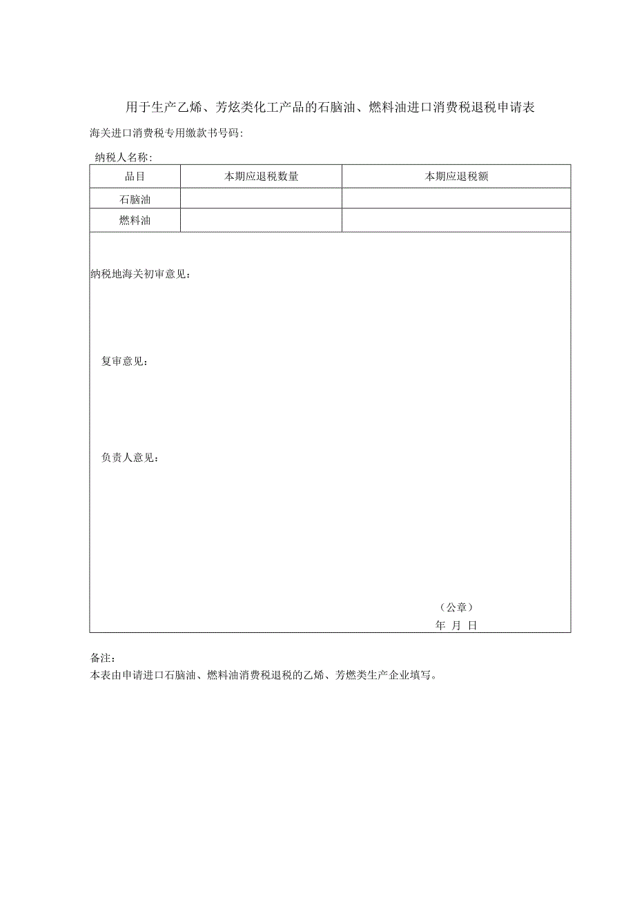 用于生产乙烯、芳烃类化工产品的石脑油、燃料油进口消费税退税申请表.docx_第1页