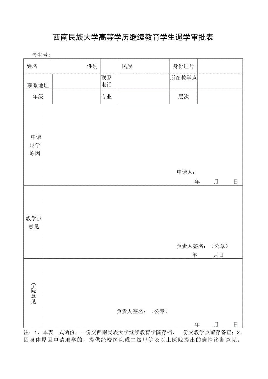 西南民族大学高等学历继续教育学生退学审批表.docx_第1页