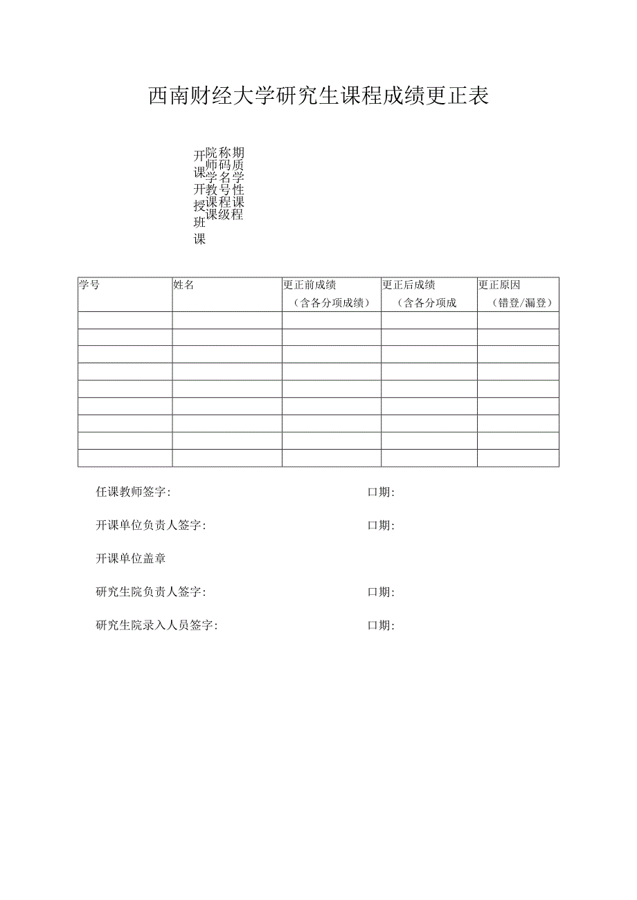 西南财经大学研究生课程成绩更正表.docx_第1页