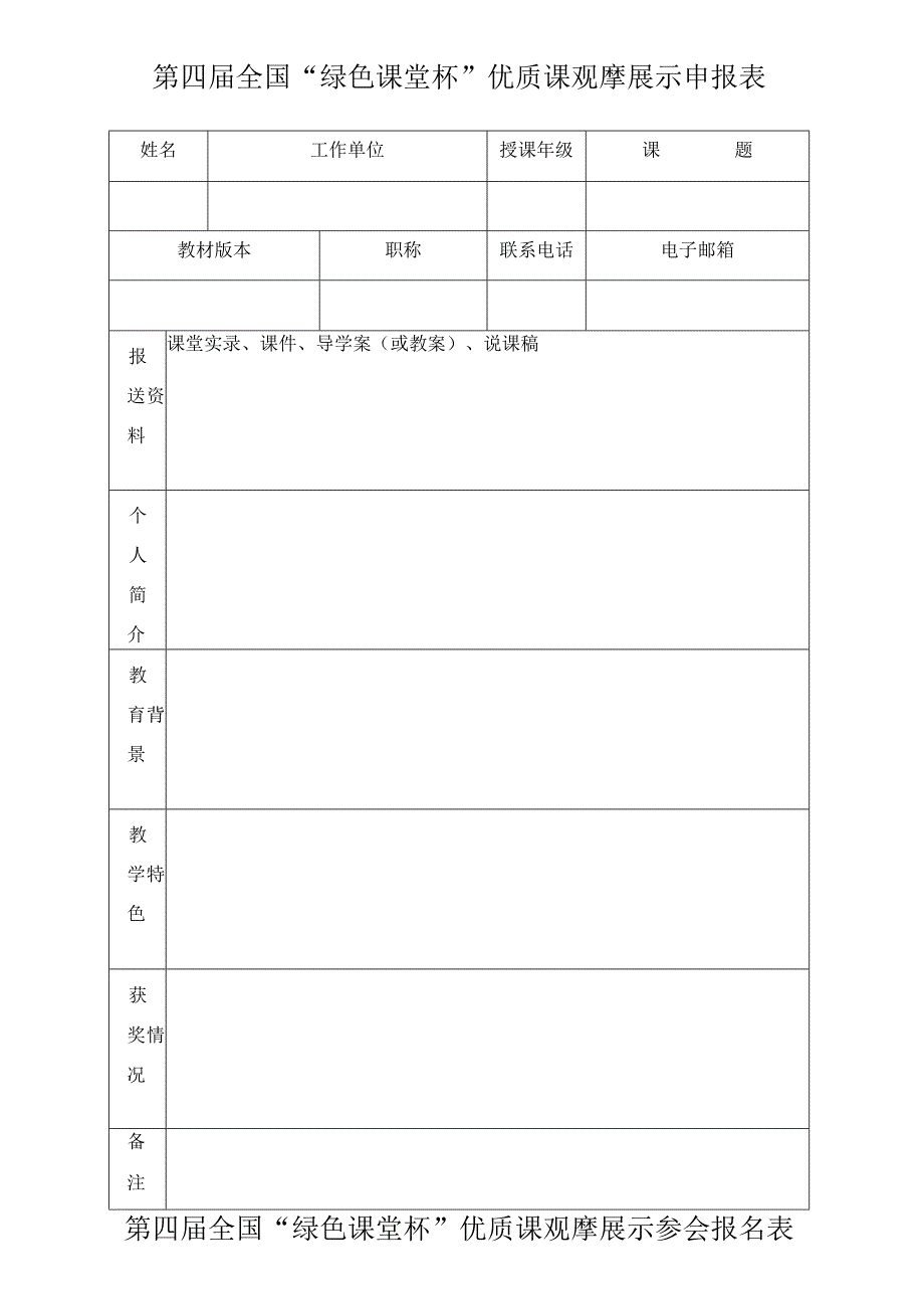 第四届全国“绿色课堂杯”优质课观摩展示申报表.docx_第1页