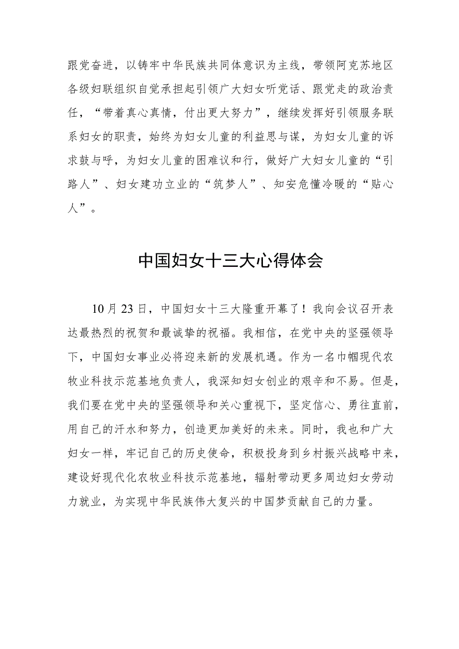 2023年妇女干部学习中国妇女第十三次全国代表大会精神的心得感悟十五篇.docx_第2页