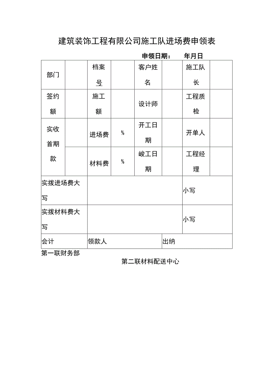 建筑装饰工程有限公司施工队进场费申领表.docx_第1页