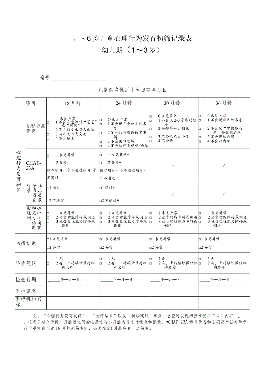 0～6岁儿童心理行为发育初筛记录表幼儿期（0-3岁）.docx_第1页