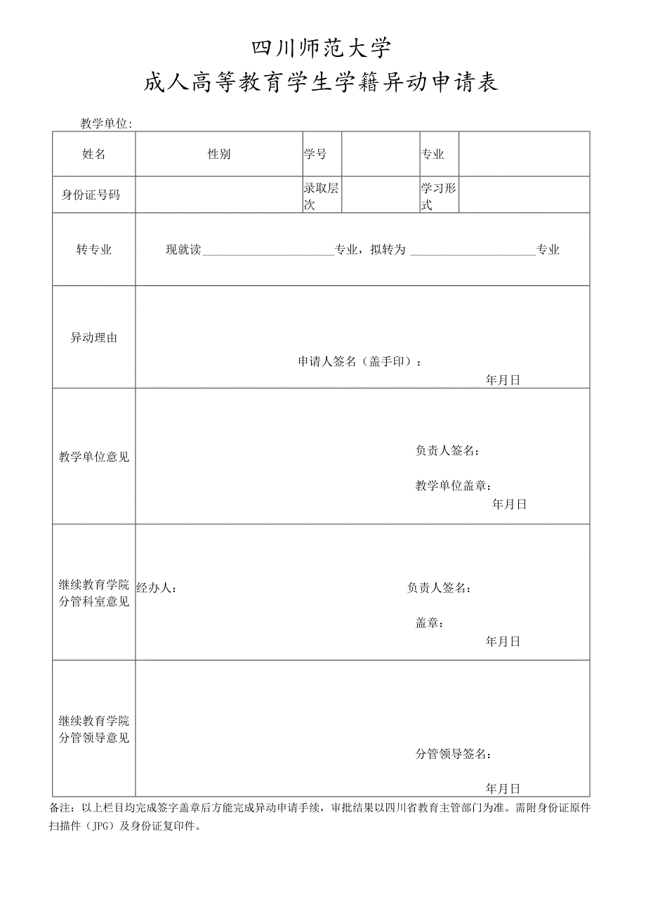 四川师范大学成人高等教育学生学籍异动（转专业）申请表.docx_第1页