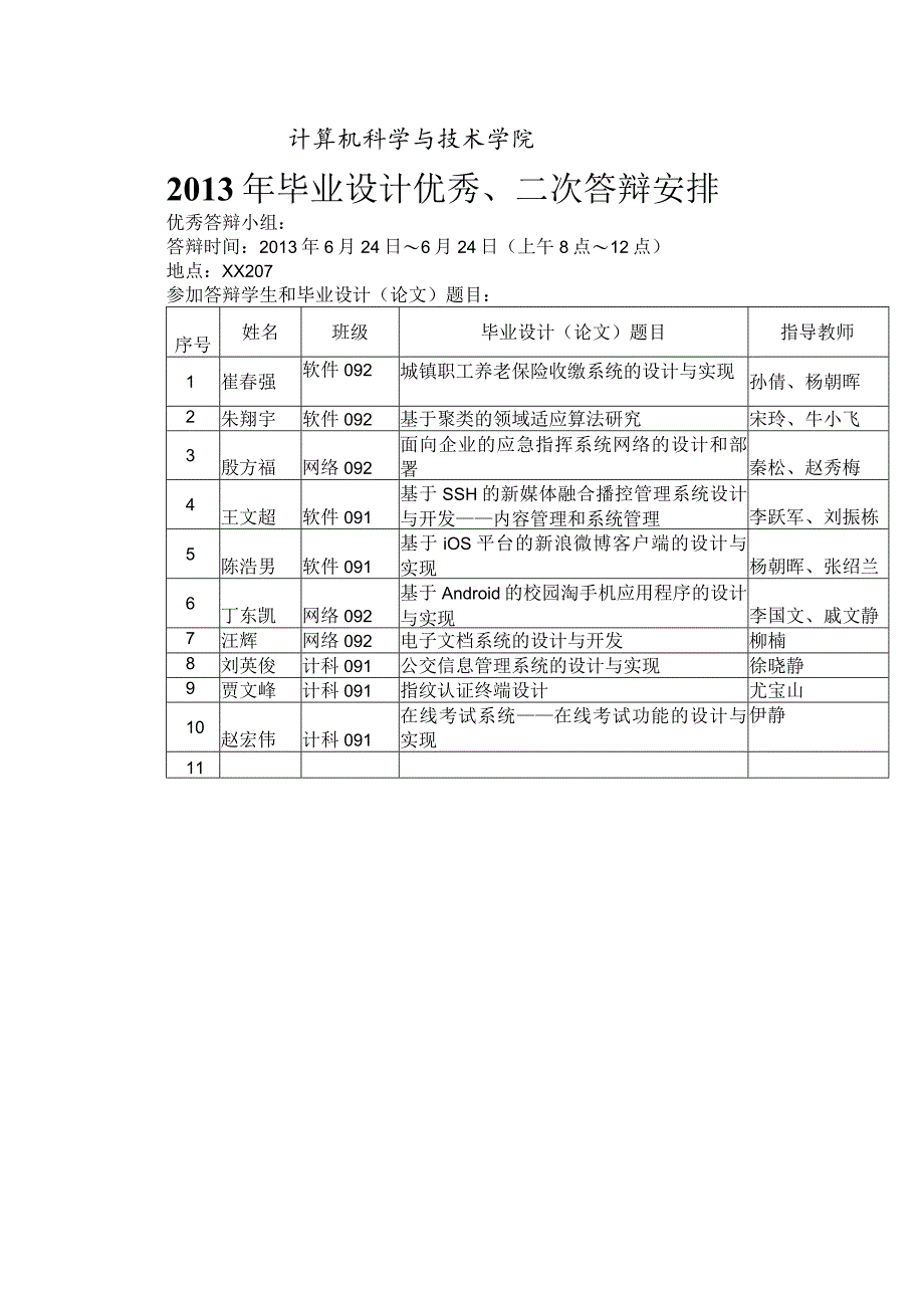 计算机科学与技术学院2013年毕业设计优秀、二次答辩安排.docx_第1页