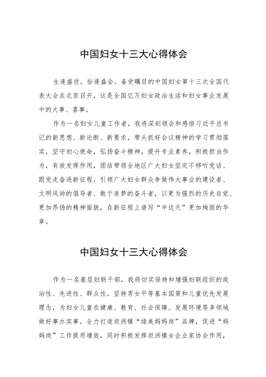 妇女干部学习中国妇女第十三次全国代表大会精神的心得感悟十篇.docx_第1页