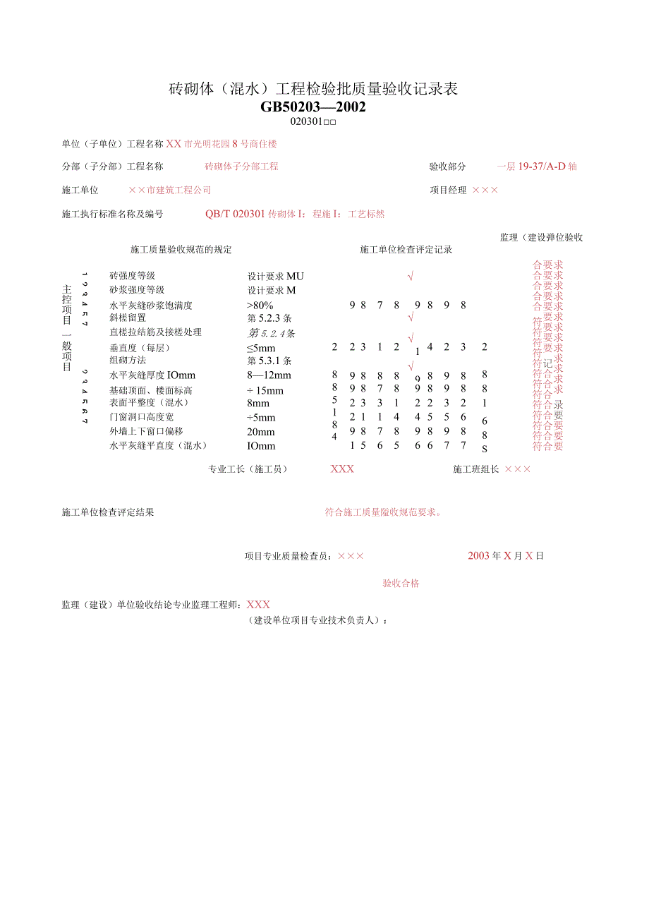 砖砌体混水工程检验批质量验收记录表.docx_第3页