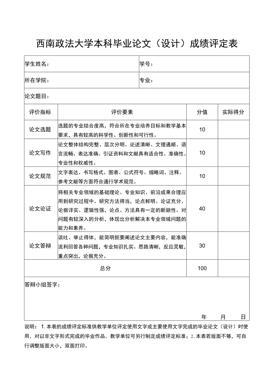 西南政法大学本科毕业论文设计成绩评定表.docx_第1页