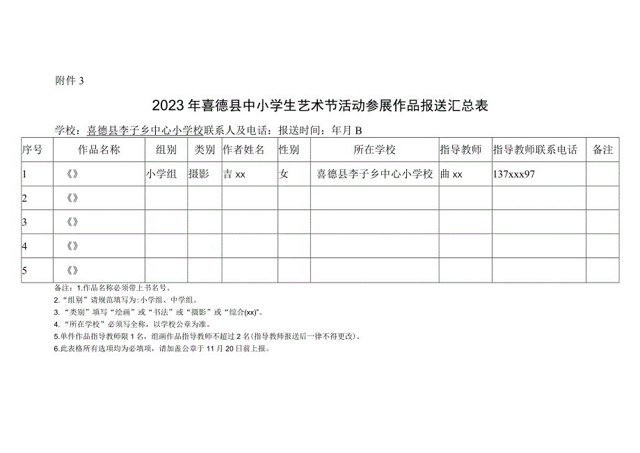 附件3 2023年喜德县中小学生艺术节活动参展作品报送汇总表.docx_第1页