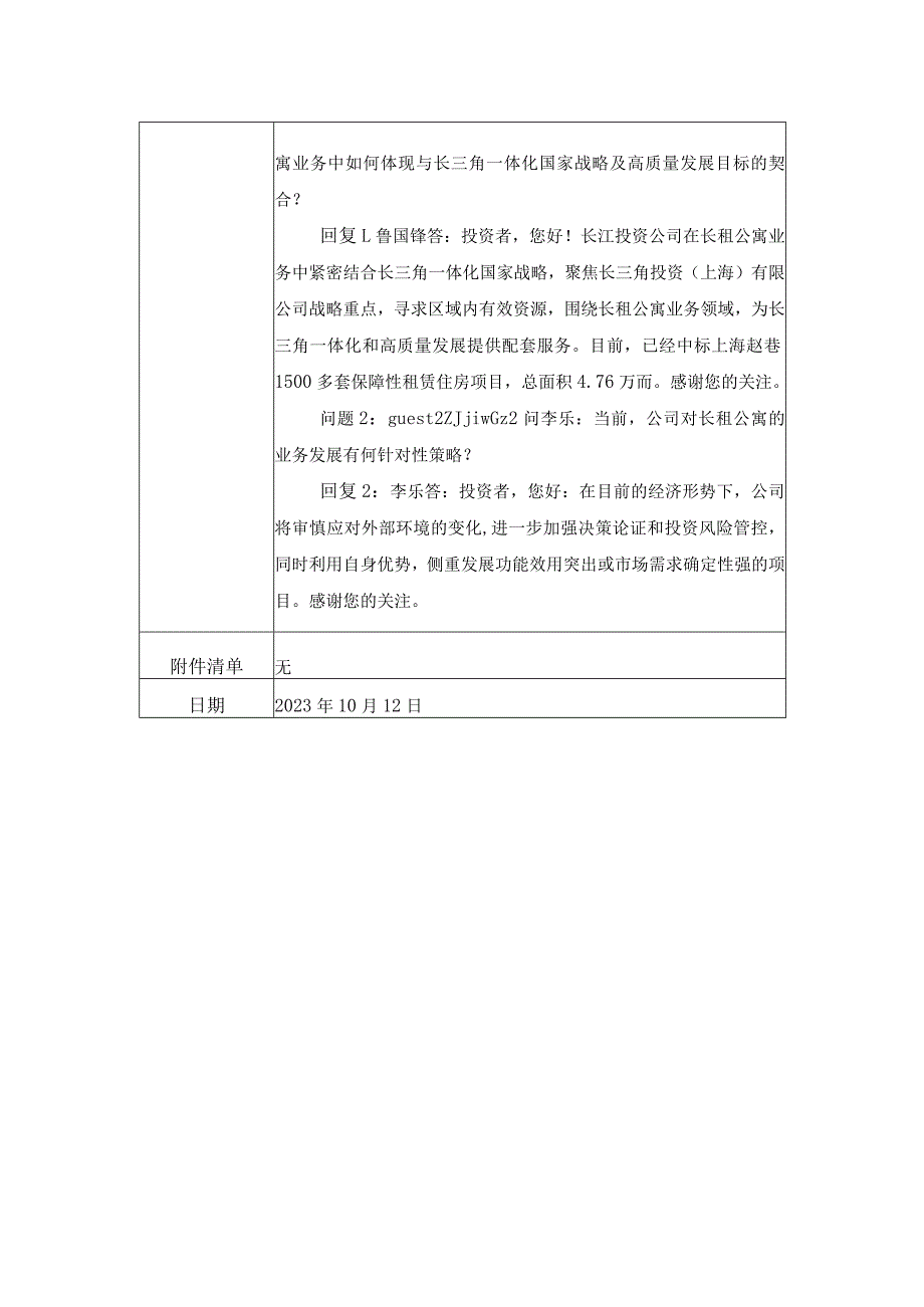 长江投资长发集团长江投资实业股份有限公司投资者关系活动记录表.docx_第2页