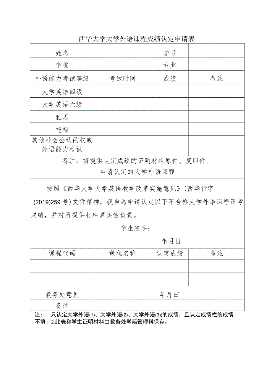 西华大学大学外语课程成绩认定申请表.docx_第1页