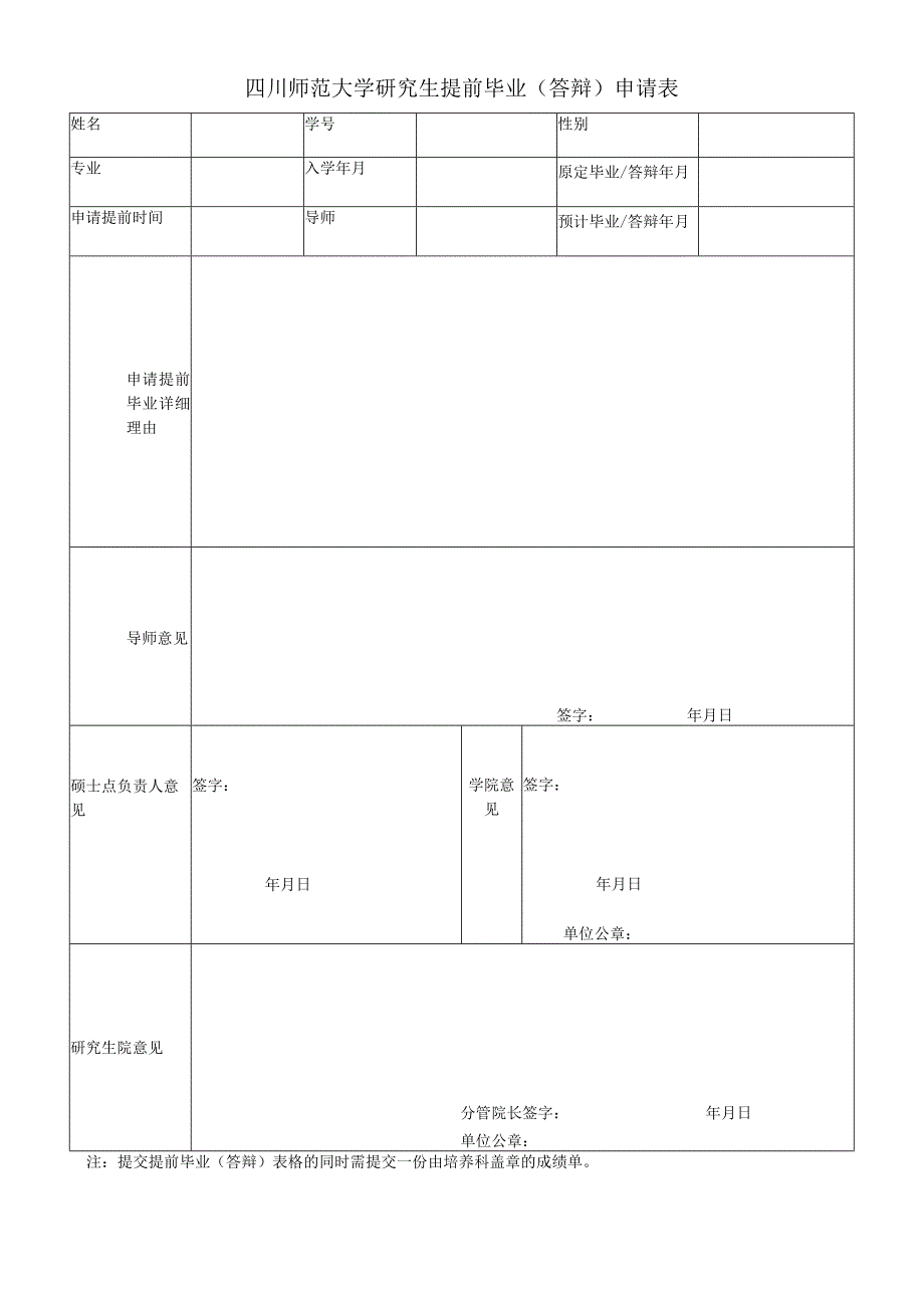 四川师范大学研究生提前毕业（答辩）申请表.docx_第1页