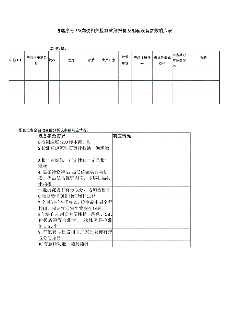 遴选序号33粪便相关检测试剂报价及配套设备参数响应表.docx_第1页