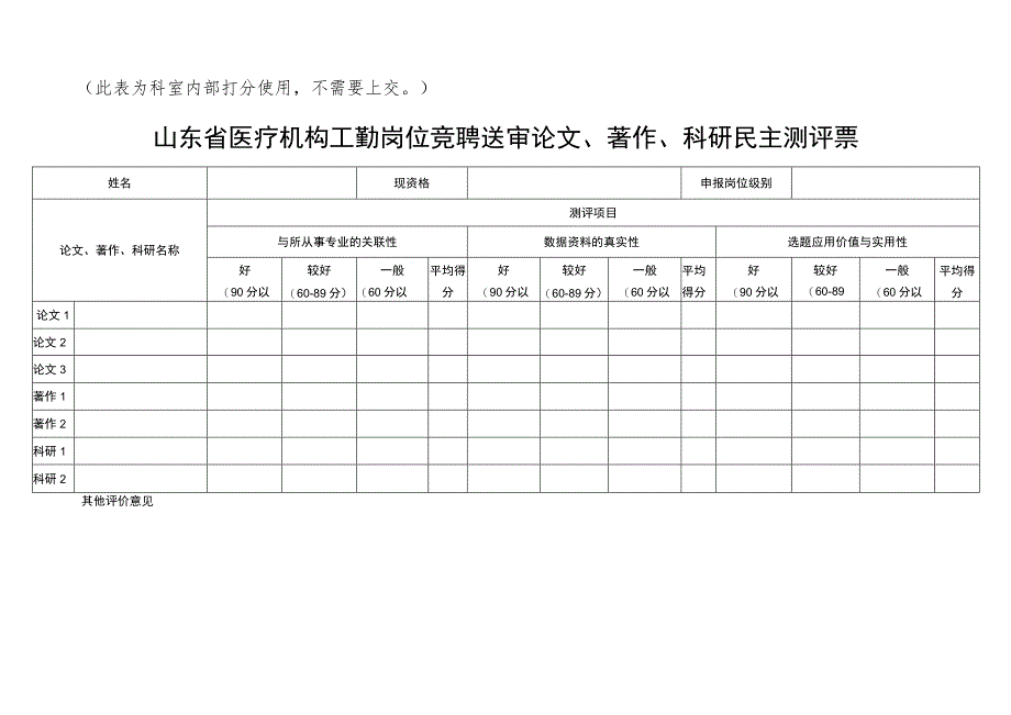 山东省医疗机构工勤岗位竞聘送审论文、著作、科研民主测评票1-1-5.docx_第1页