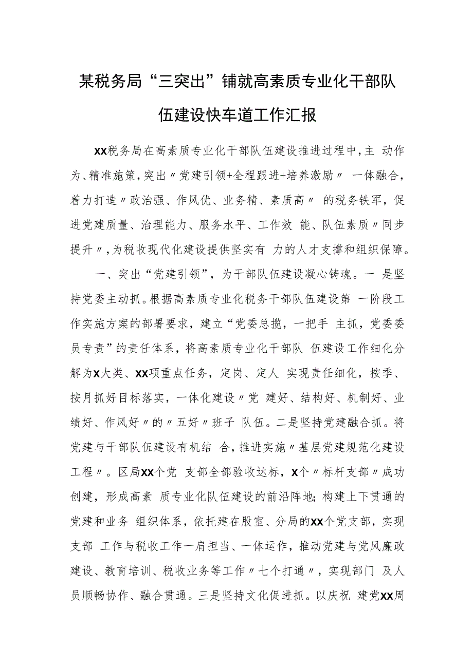 某税务局“三突出”铺就高素质专业化干部队伍建设快车道工作汇报.docx_第1页