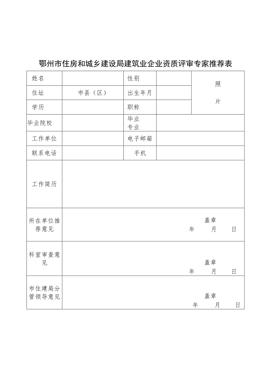 鄂州市住房和城乡建设局建筑业企业资质评审专家推荐表.docx_第1页