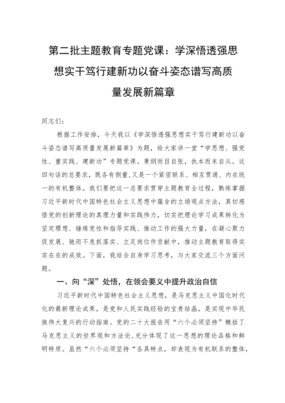 第二批主题教育专题党课：学深悟透强思想实干笃行建新功以奋斗姿态谱写高质量发展新篇章.docx_第1页