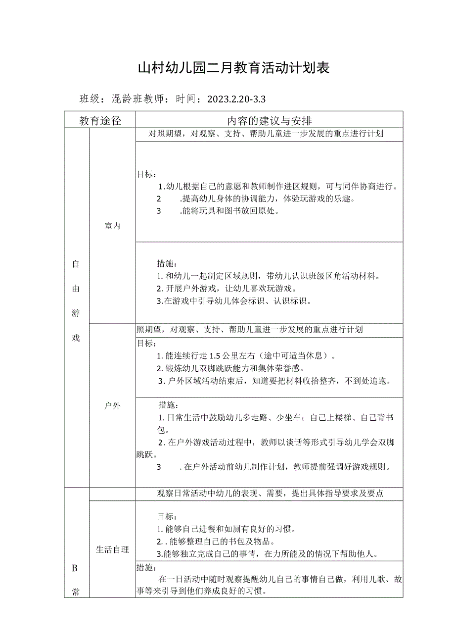 山村幼儿园二月教育活动计划表.docx_第1页