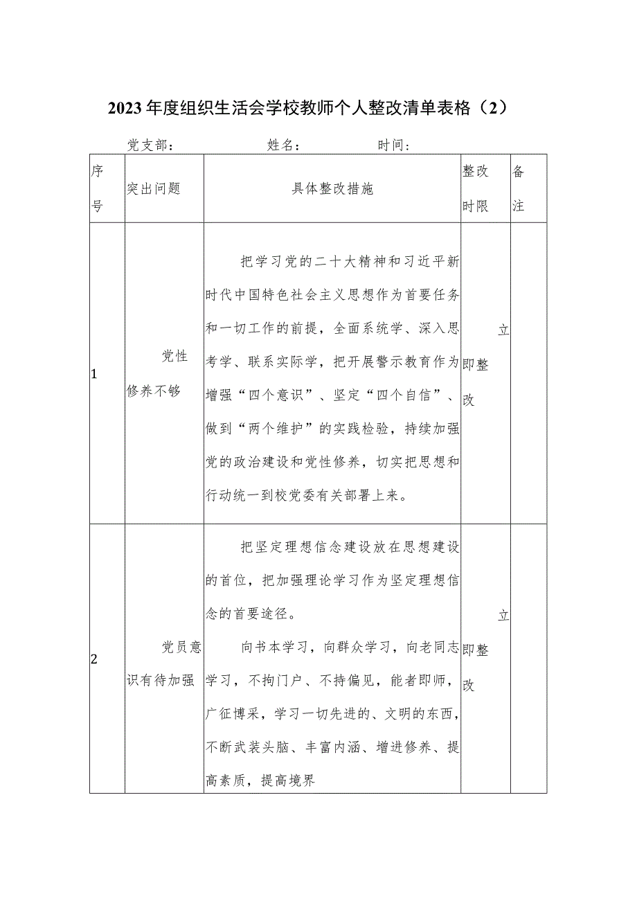 2023年度组织生活会学校教师个人整改清单表格（2）.docx_第1页