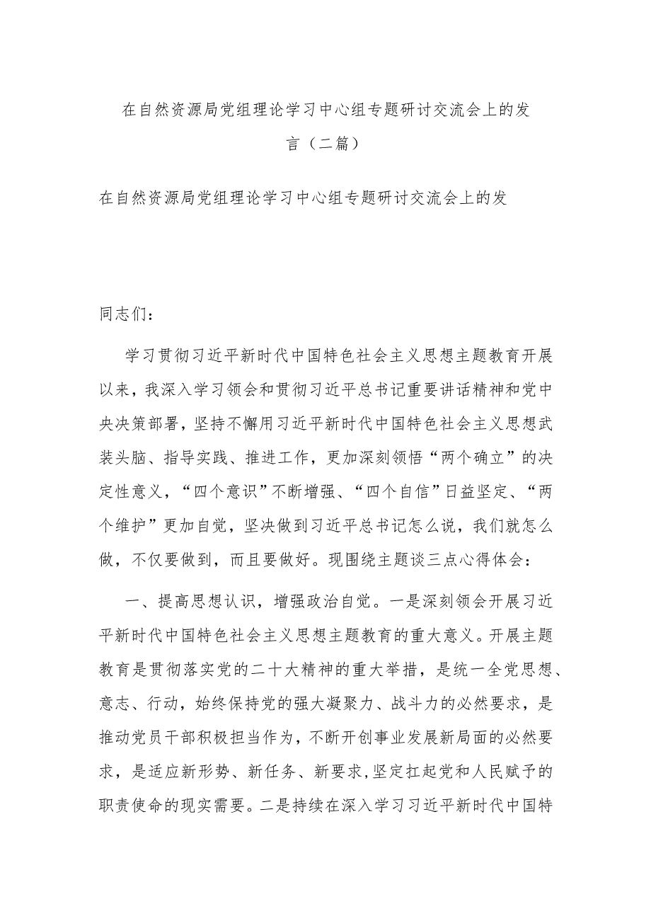 在自然资源局党组理论学习中心组专题研讨交流会上的发言(二篇).docx_第1页