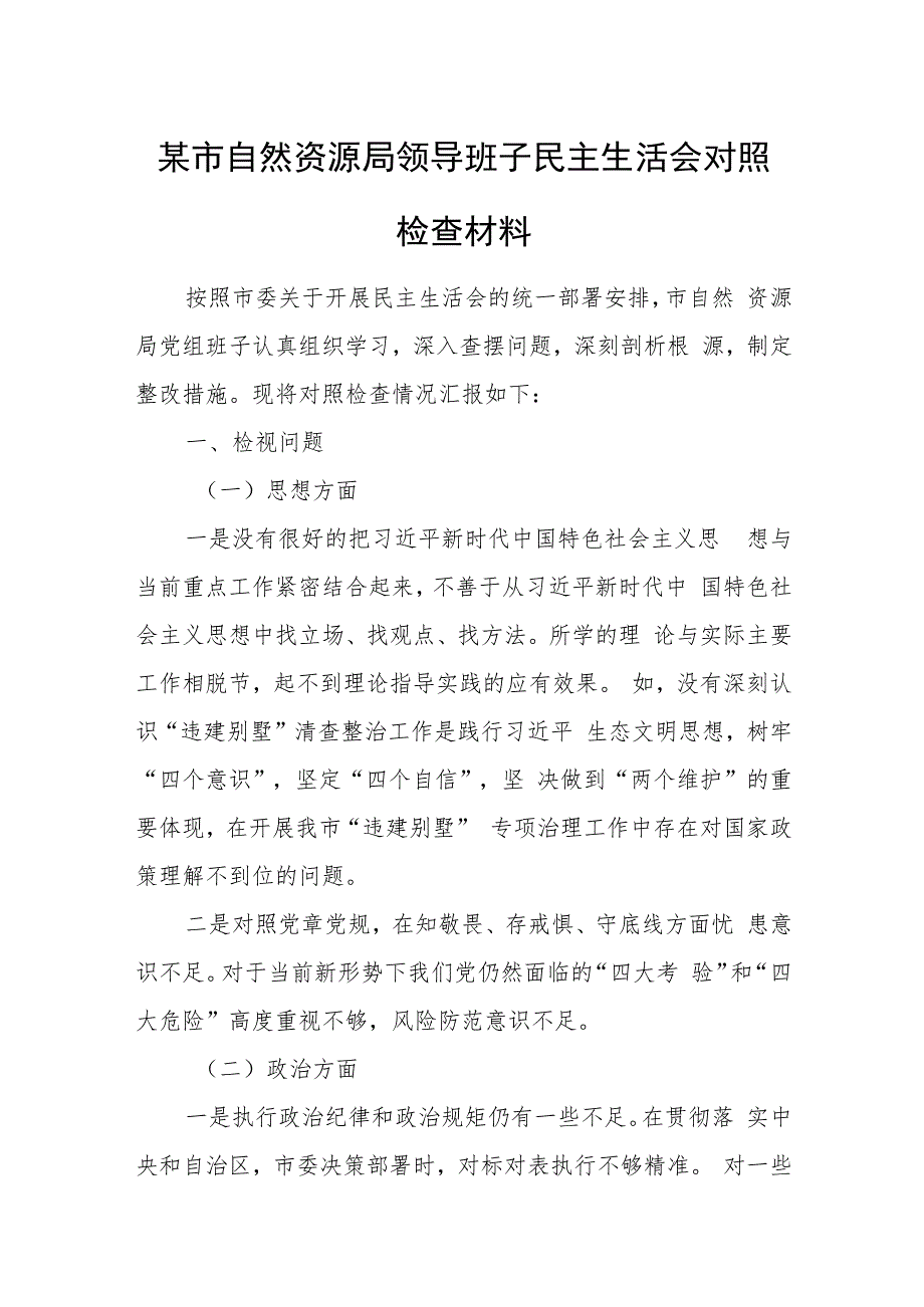 某市自然资源局领导班子民主生活会对照检查材料.docx_第1页