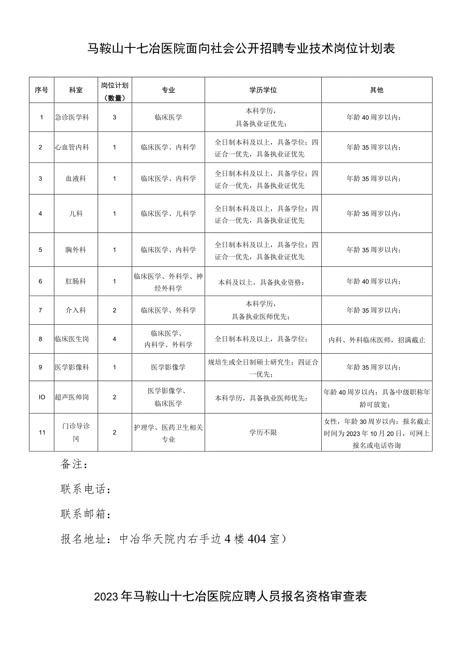 马鞍山十七冶医院面向社会公开招聘专业技术岗位计划表.docx_第1页