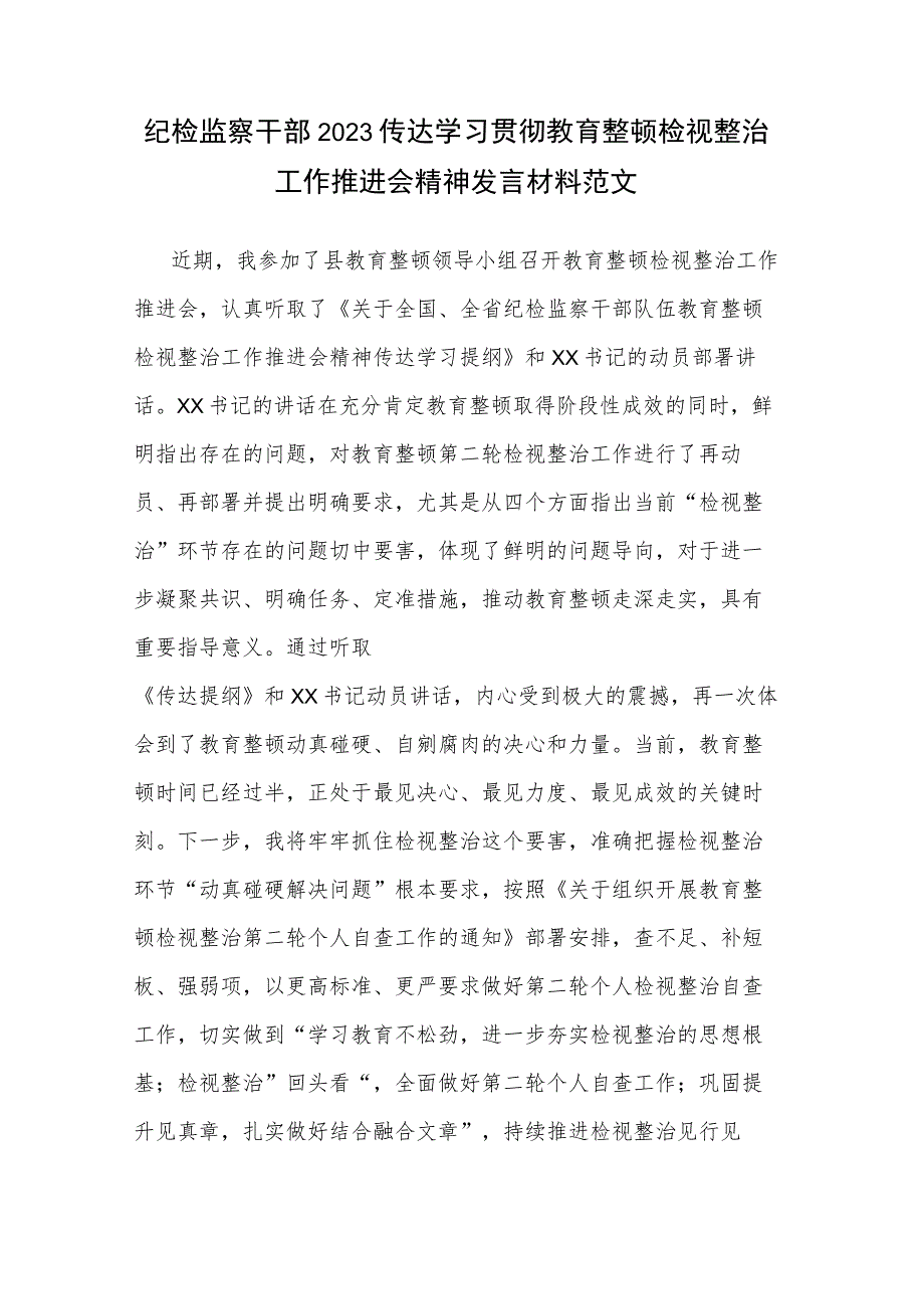 纪检监察干部2023传达学习贯彻教育整顿检视整治工作推进会精神发言材料范文.docx_第1页