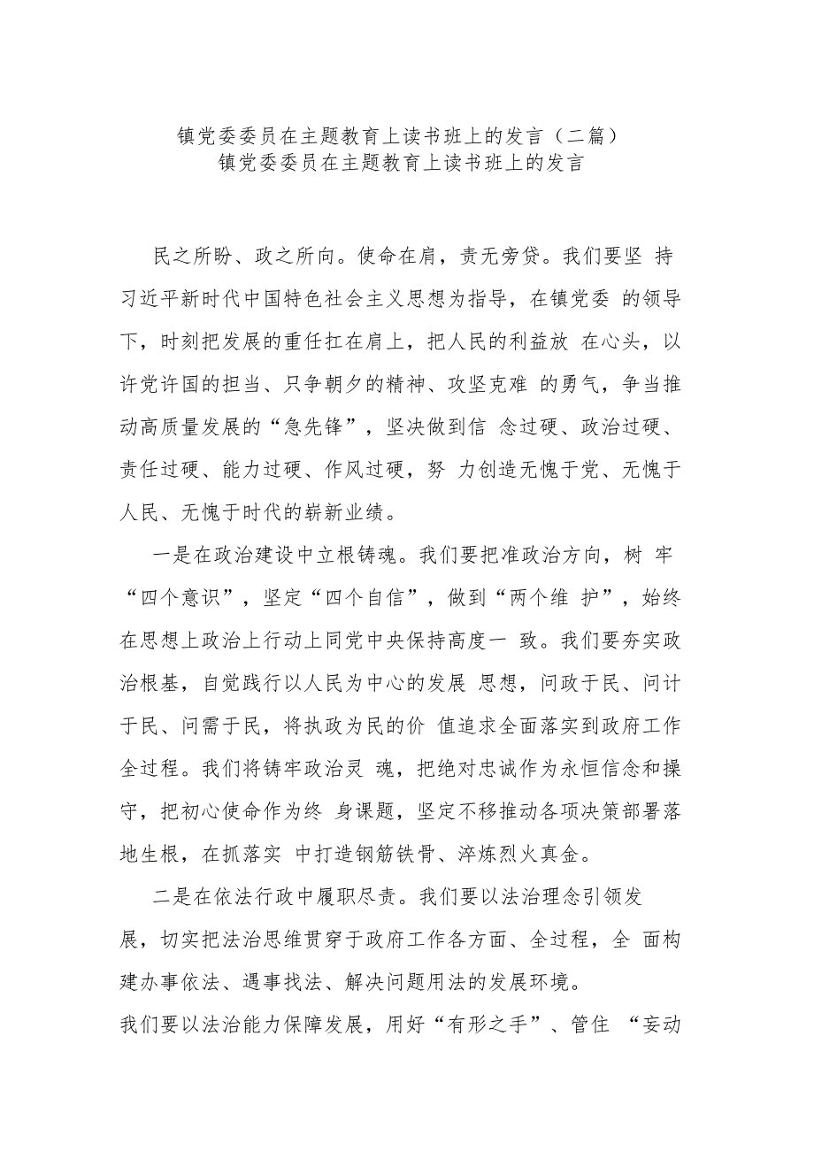 镇党委委员在主题教育上读书班上的发言(二篇).docx_第1页