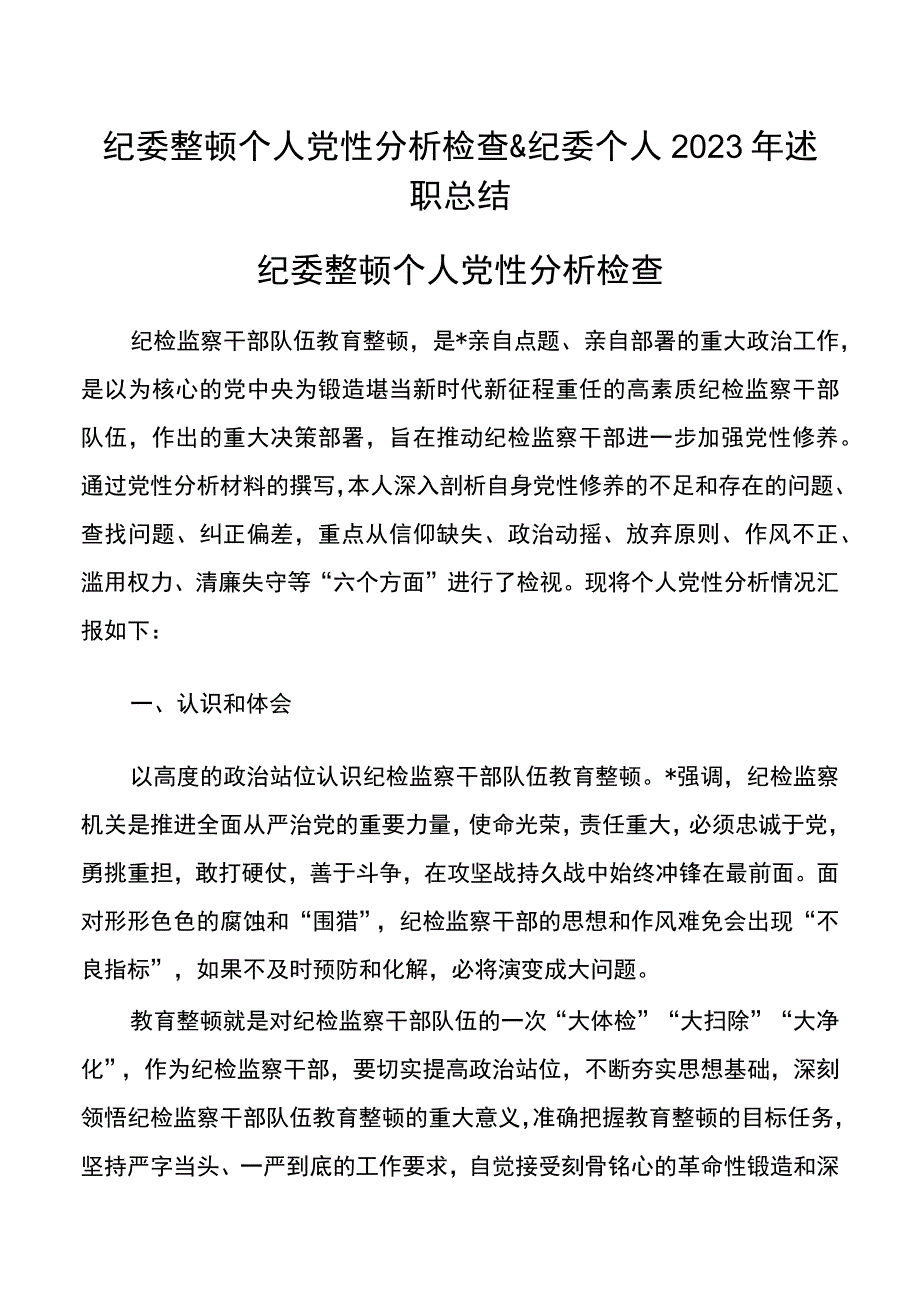 纪委整顿个人党性分析检查&纪委个人2023年述职总结.docx_第1页