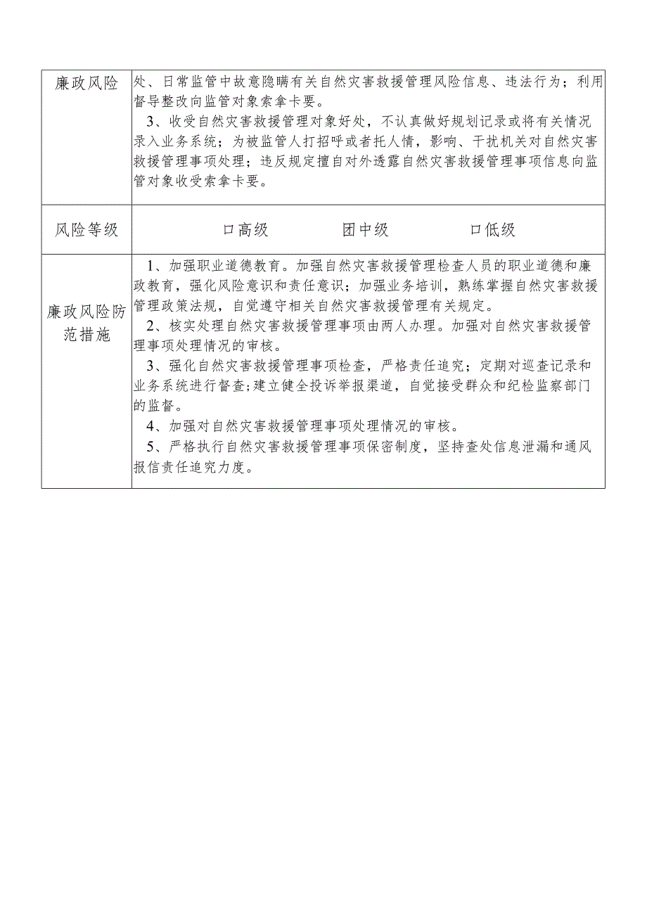 某县应急管理部门自然灾害救援管理干部个人岗位廉政风险点排查登记表.docx_第2页