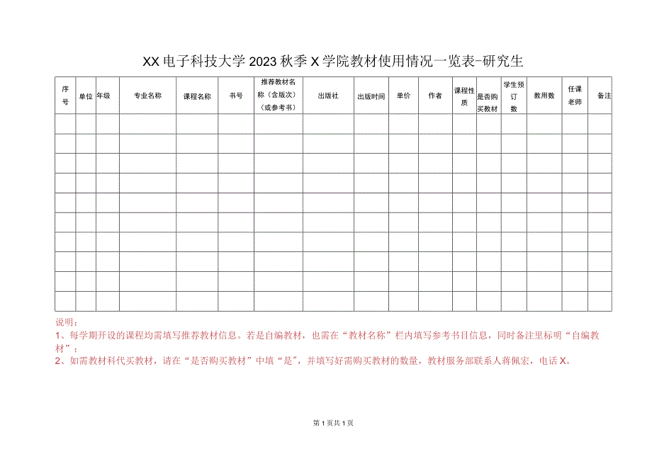 XX电子科技大学2023 秋季X学院研究生教材使用情况一览表.docx_第1页